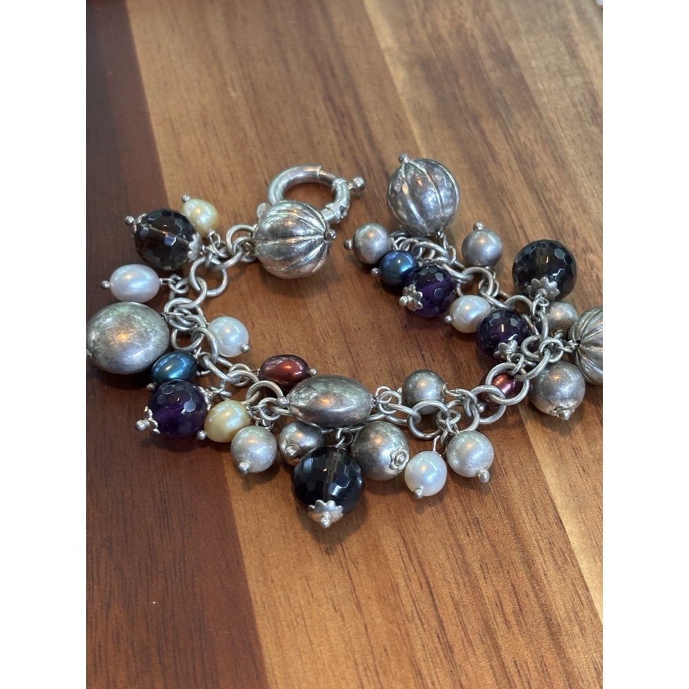Brev Milor Italy Sterling Silver Pearl Smoky Quartz Amethyst Charm Bracelet, 8"